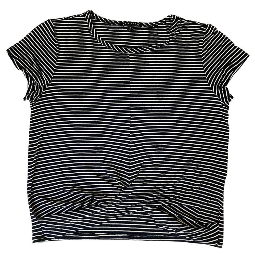 Haute Monde Women’s Short Sleeve T-shirt size L, Black & White Stripes, Twisted